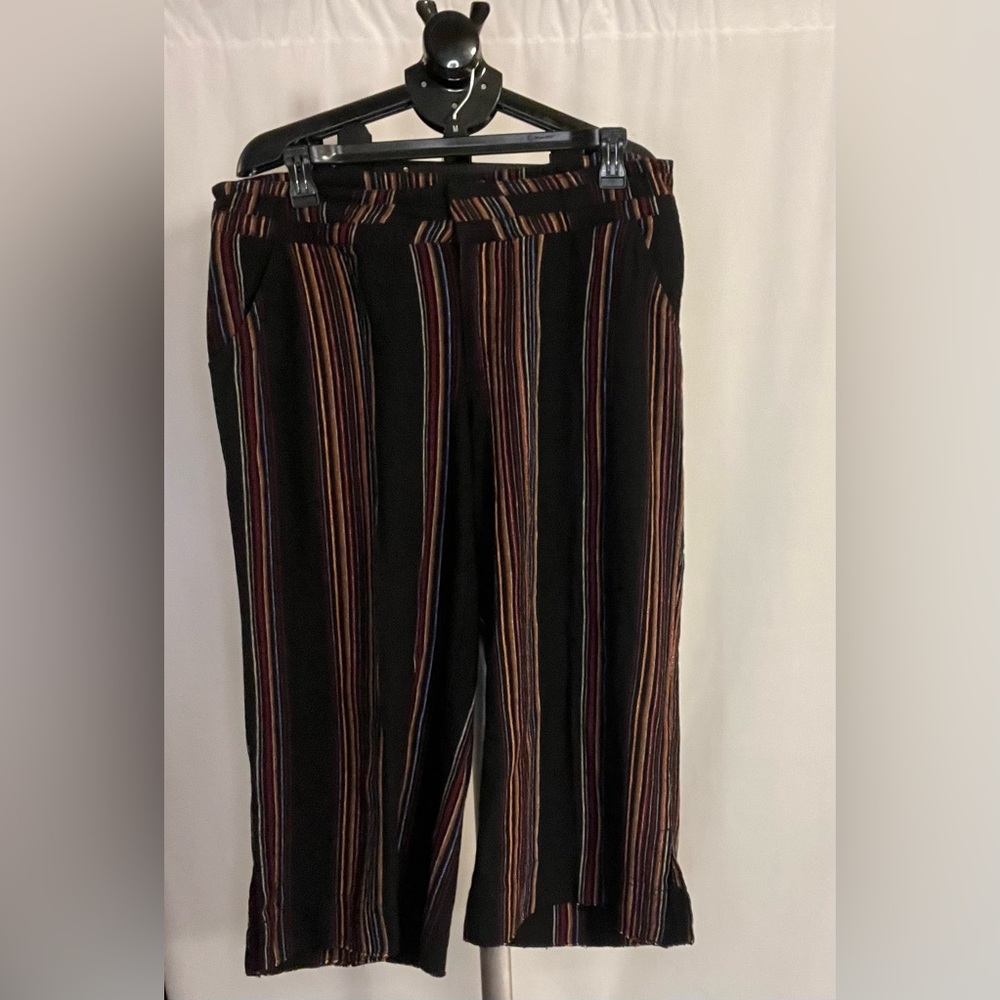 Democracy Linen Blend Wide Leg Pants Size 14W Black Multi Stripe